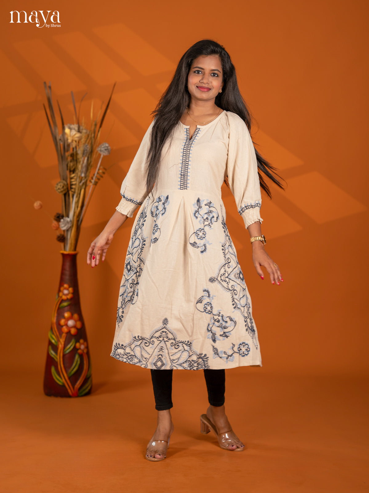 Cream Embroidered Cotton Umbrella Kurti