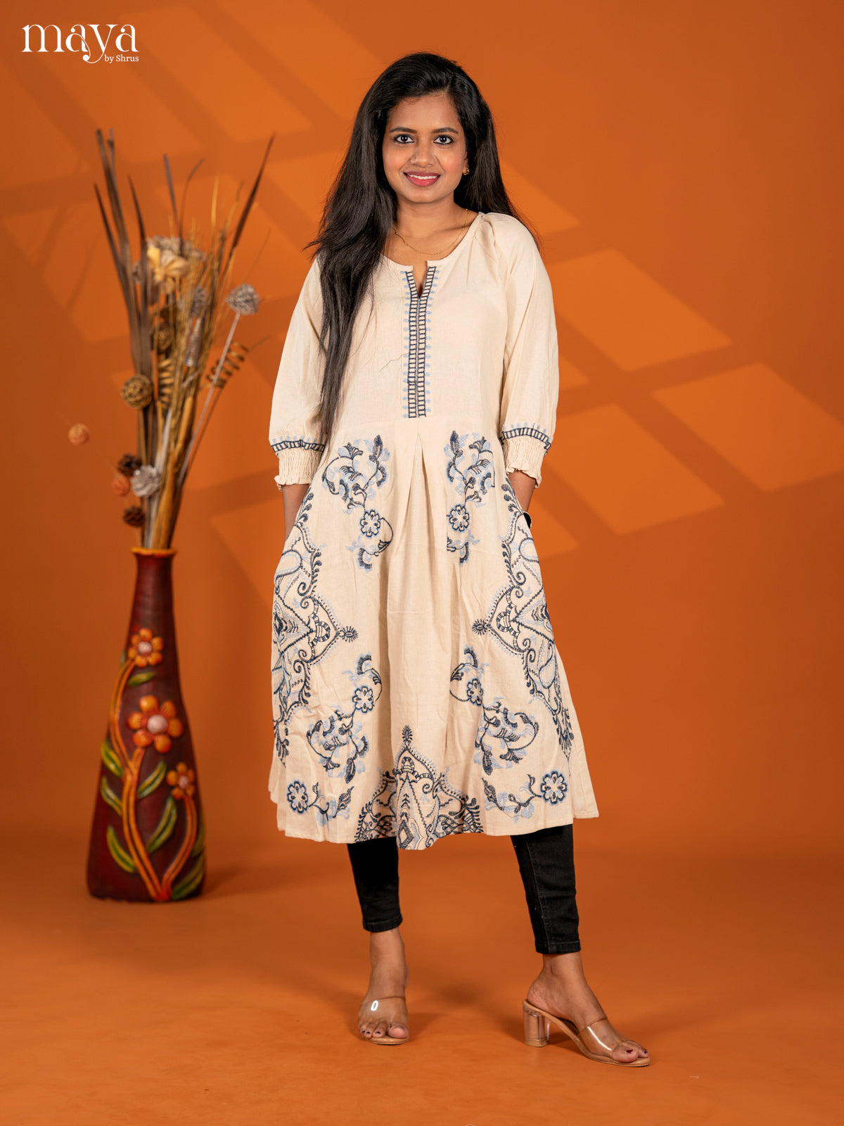 Cream Embroidered Cotton Umbrella Kurti