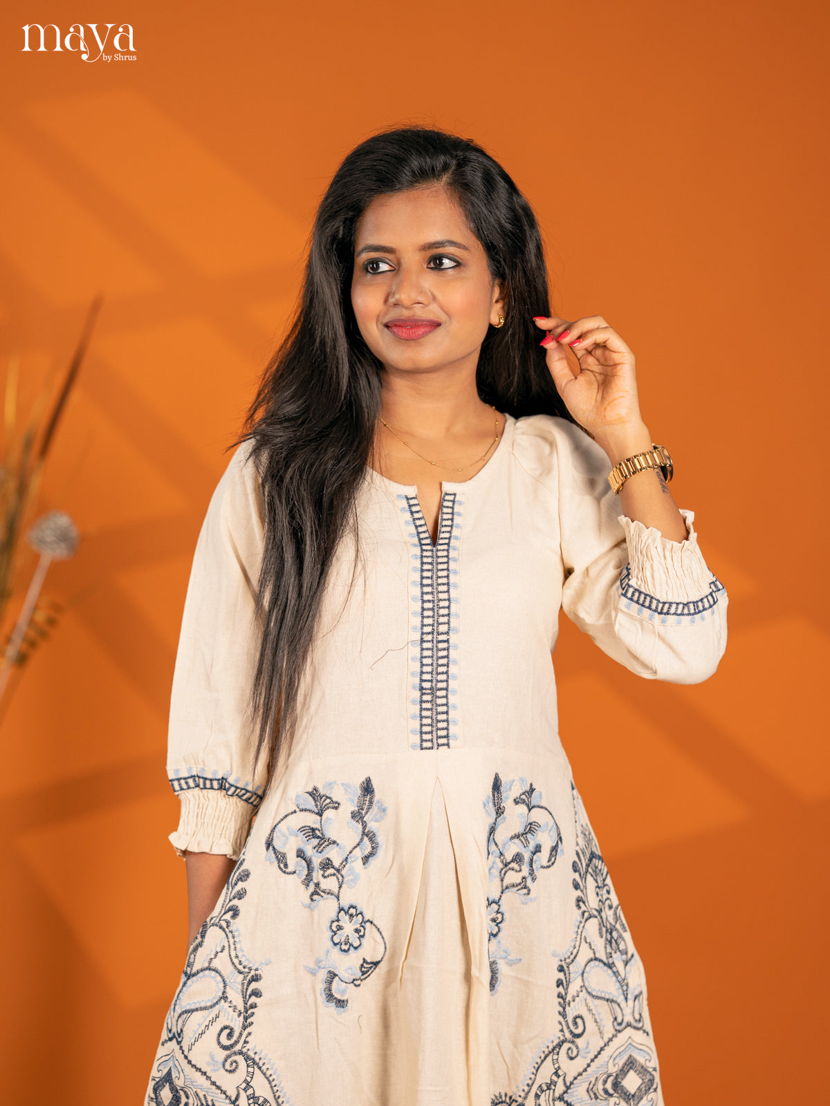 Cream Embroidered Cotton Umbrella Kurti