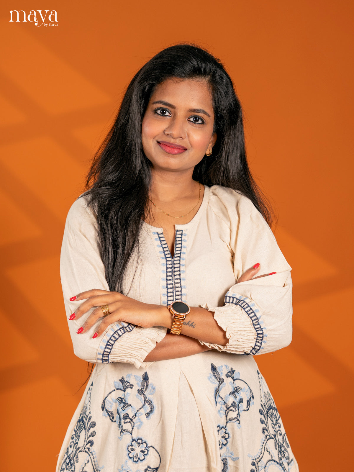 Cream Embroidered Cotton Umbrella Kurti