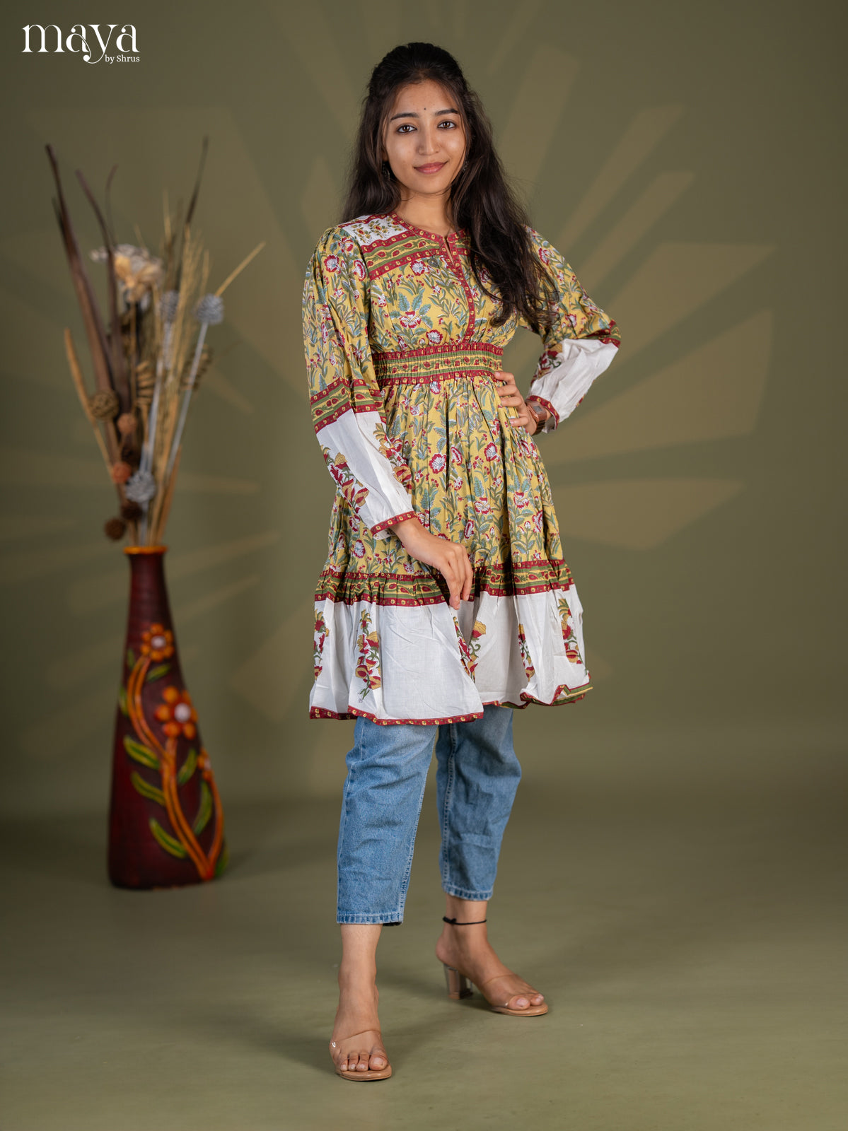 Mehandi Green with Maroon Floral Printed Cotton Anarkali Tunic