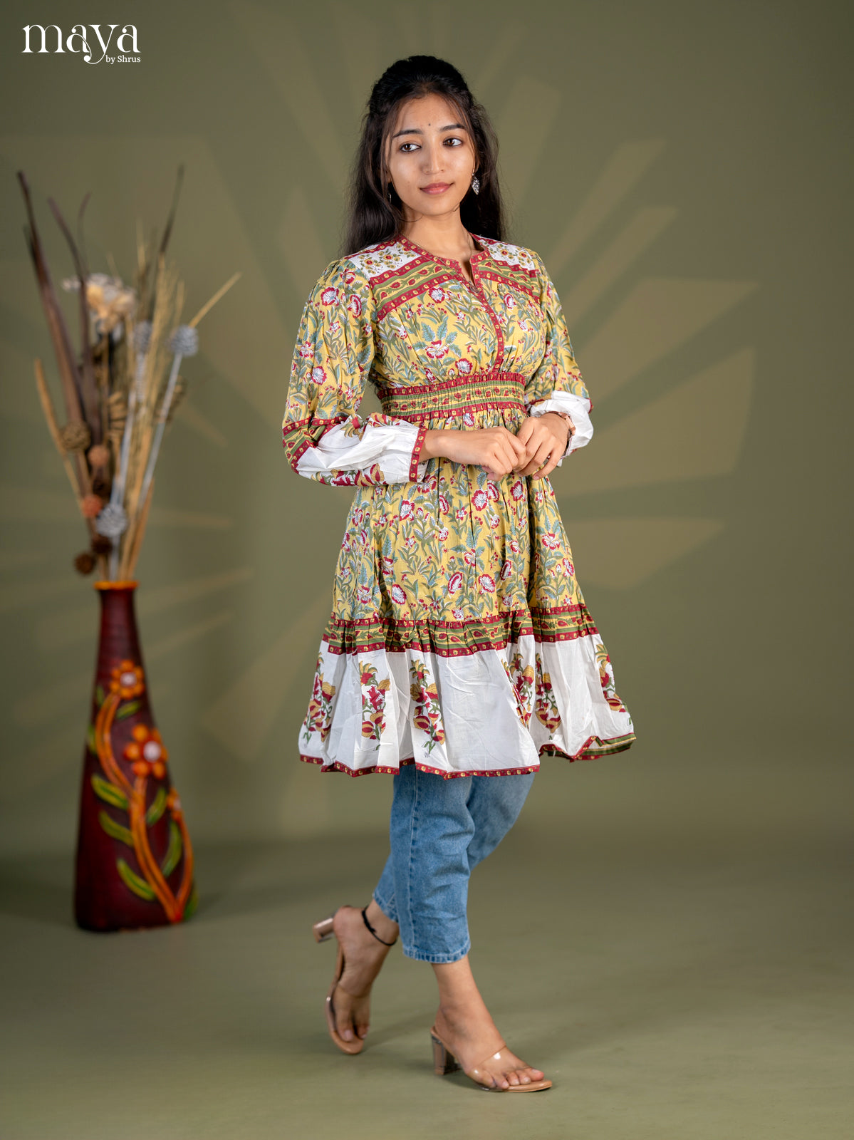 Mehandi Green with Maroon Floral Printed Cotton Anarkali Tunic