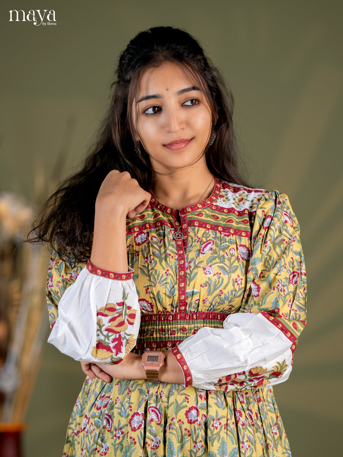 Mehandi Green with Maroon Floral Printed Cotton Anarkali Tunic