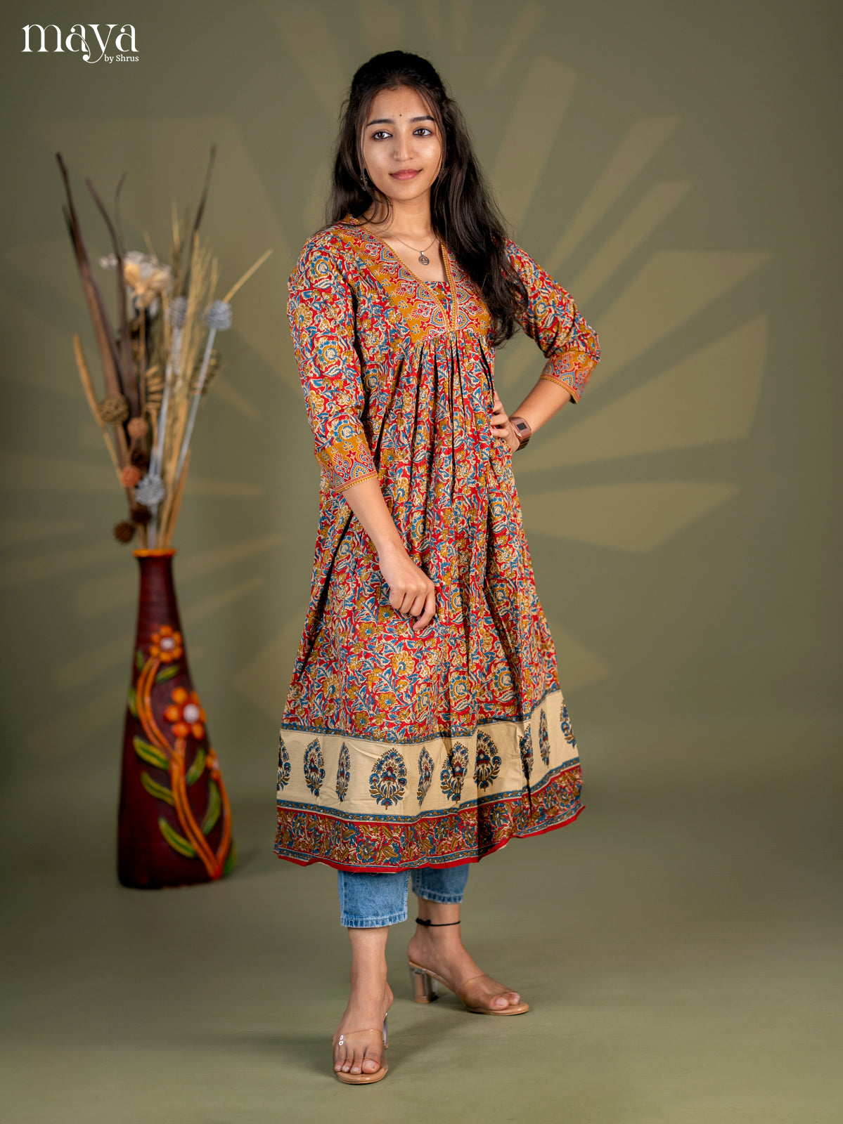 Maroon with Peacock Blue Floral Printed Cotton Anarkali Kurti