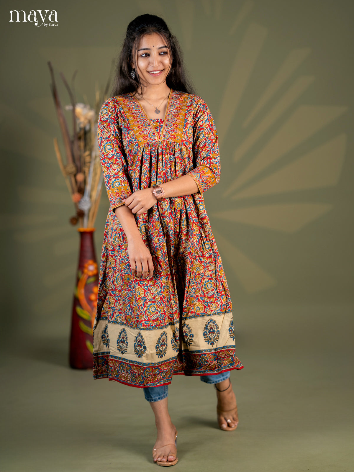 Maroon with Peacock Blue Floral Printed Cotton Anarkali Kurti