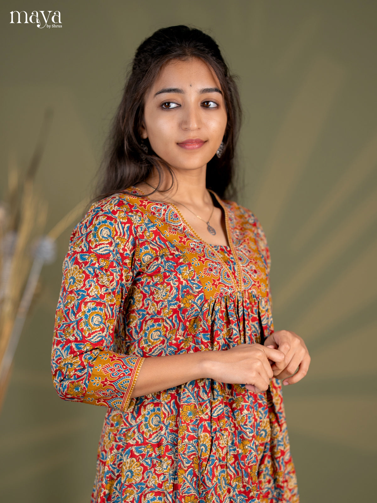 Maroon with Peacock Blue Floral Printed Cotton Anarkali Kurti