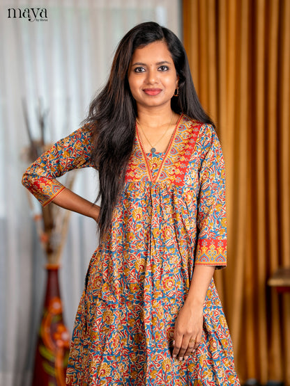 Peacock Blue with Mustrad Floral Printed Cotton Anarkali Kurti