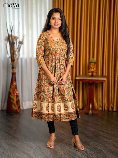 Maroon with Green Floral Printed Cotton Anarkali Kurti