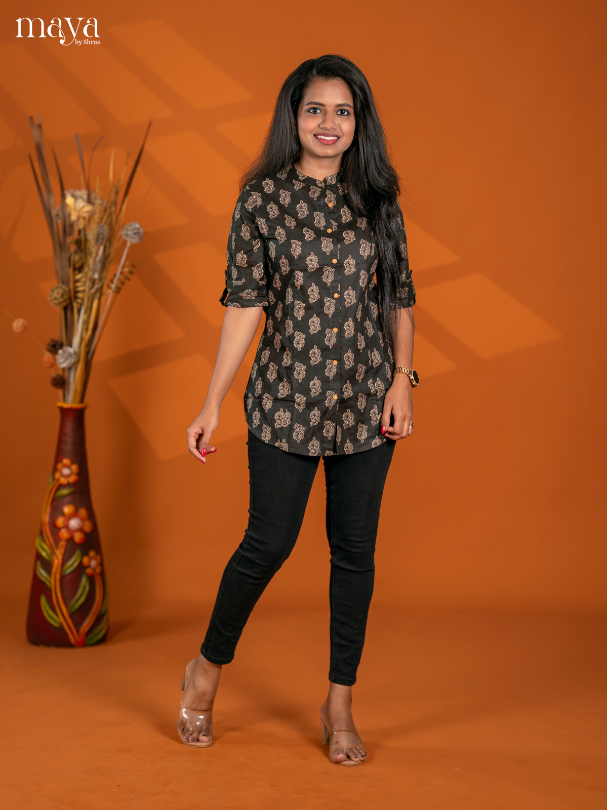 Black Floral Printed Cotton A - Line Short Kurta