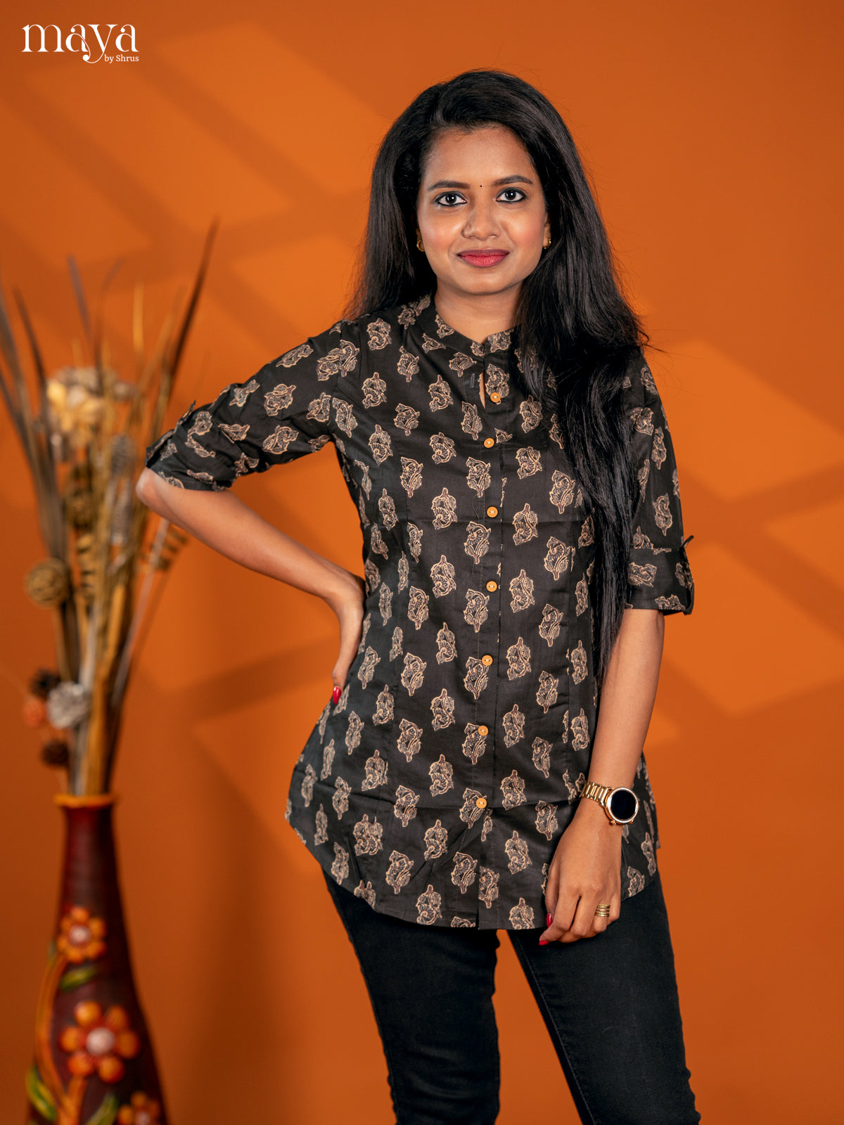 Black Floral Printed Cotton A - Line Short Kurta