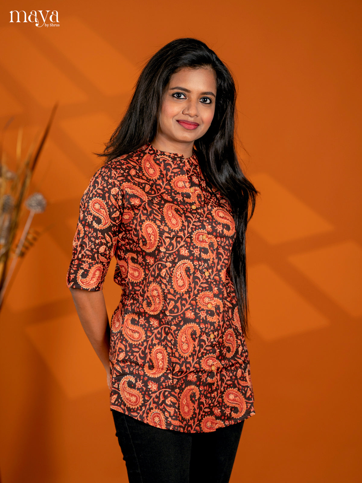 Dark brown with Rust Paisley Printed Cotton A- Line Short Kurta