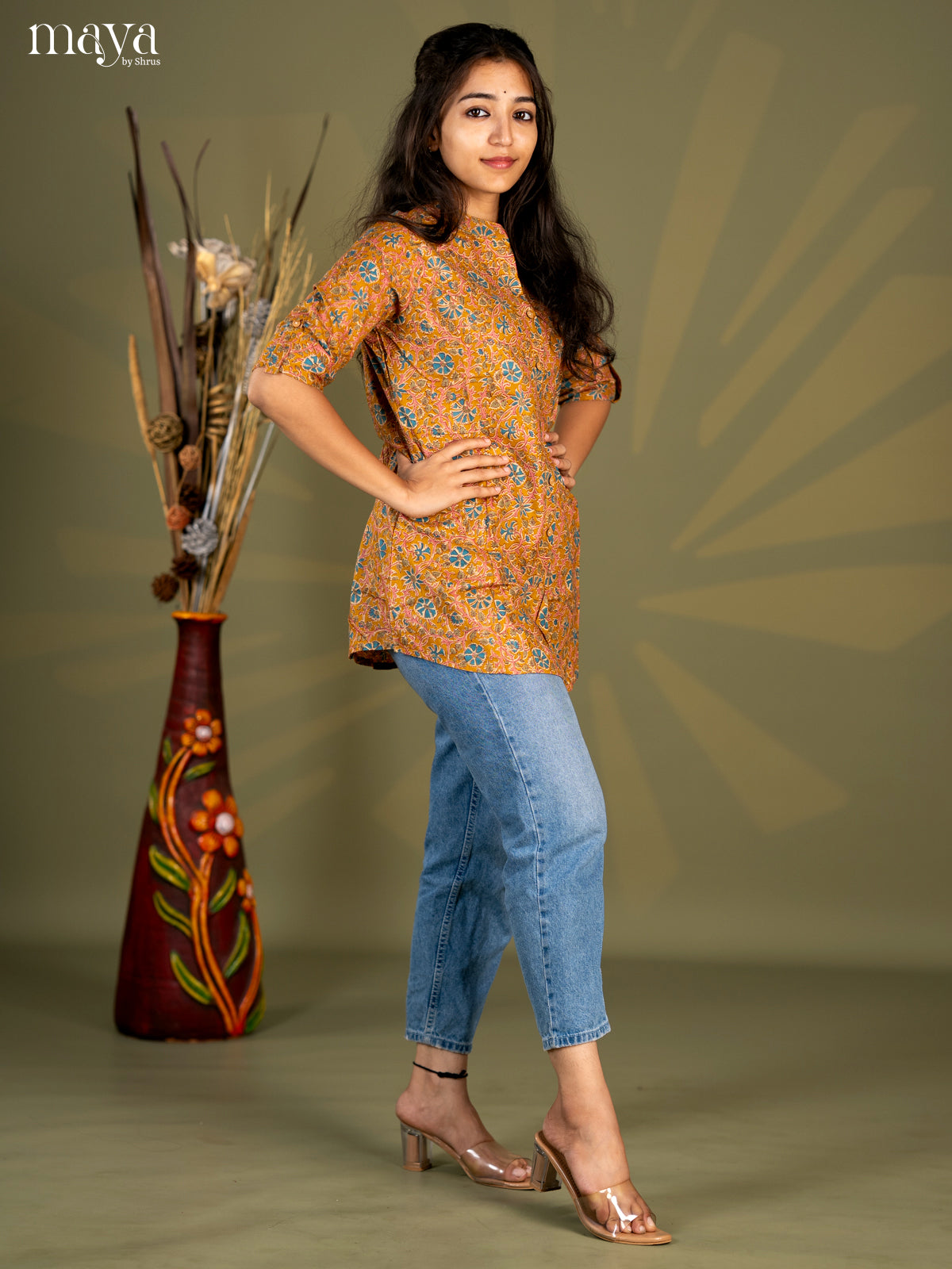 Mustard with Peacock Blue Floral Printed Cotton A- Line Short Kurta