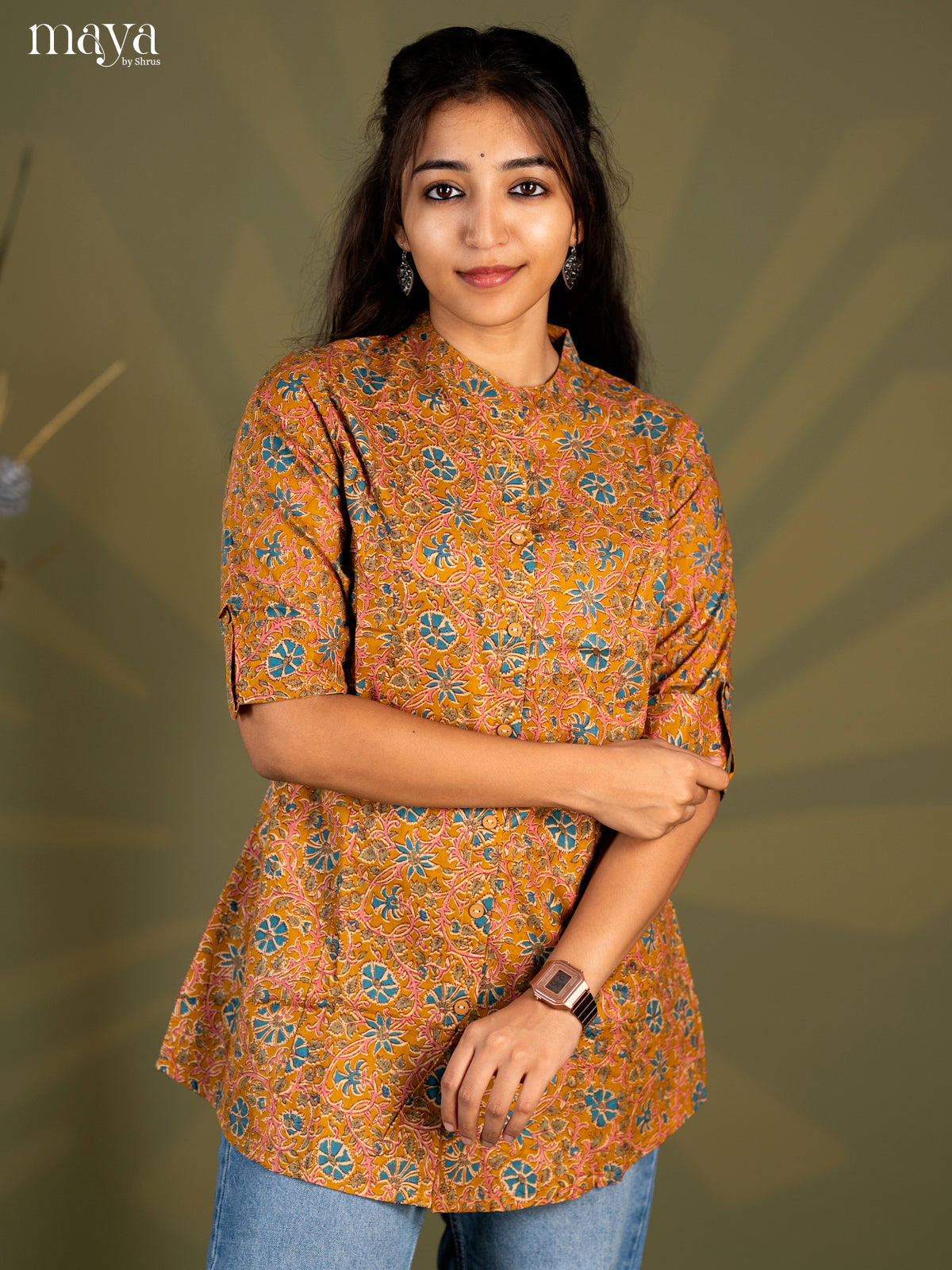 Mustard with Peacock Blue Floral Printed Cotton A- Line Short Kurta