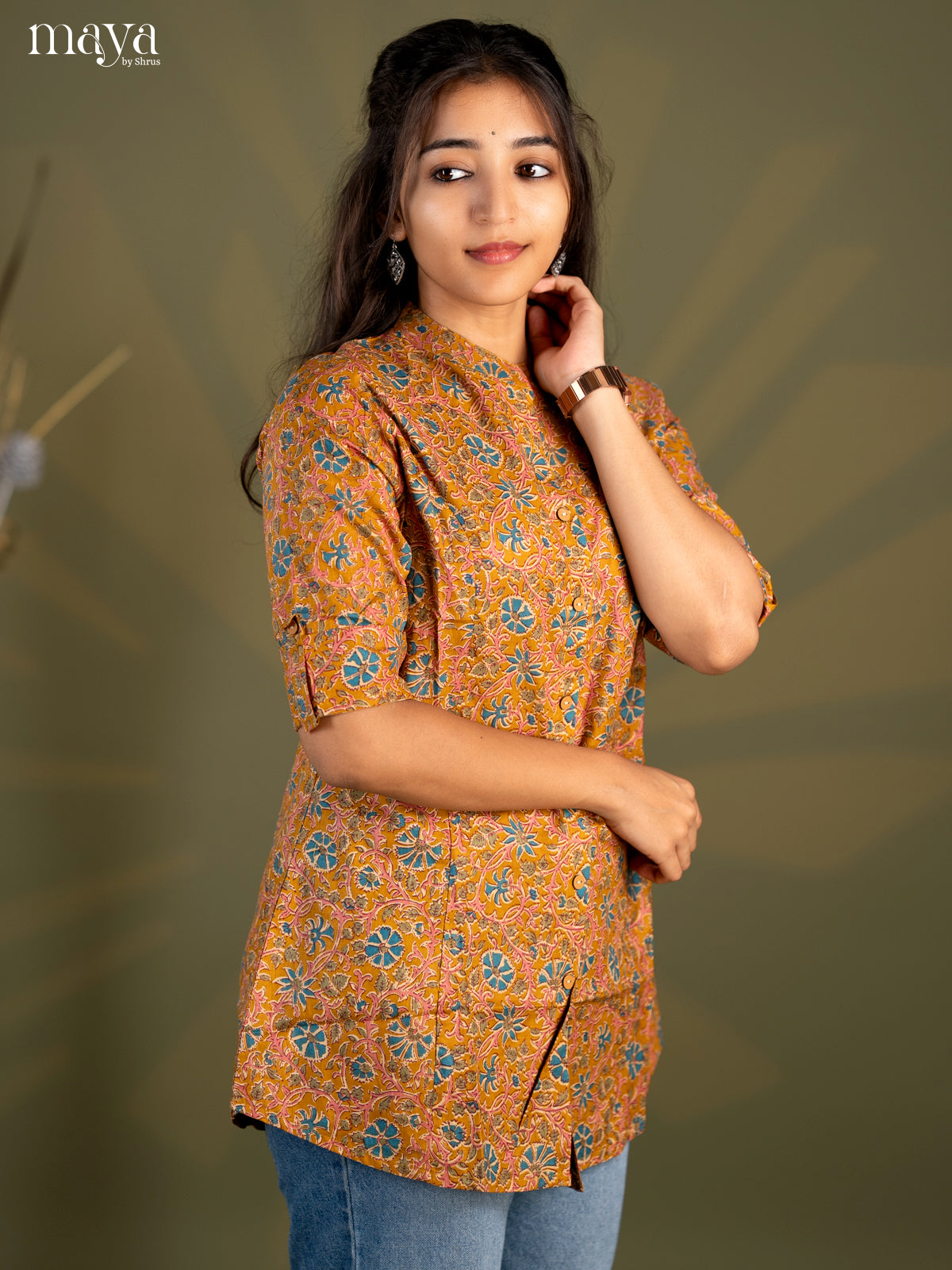 Mustard with Peacock Blue Floral Printed Cotton A- Line Short Kurta