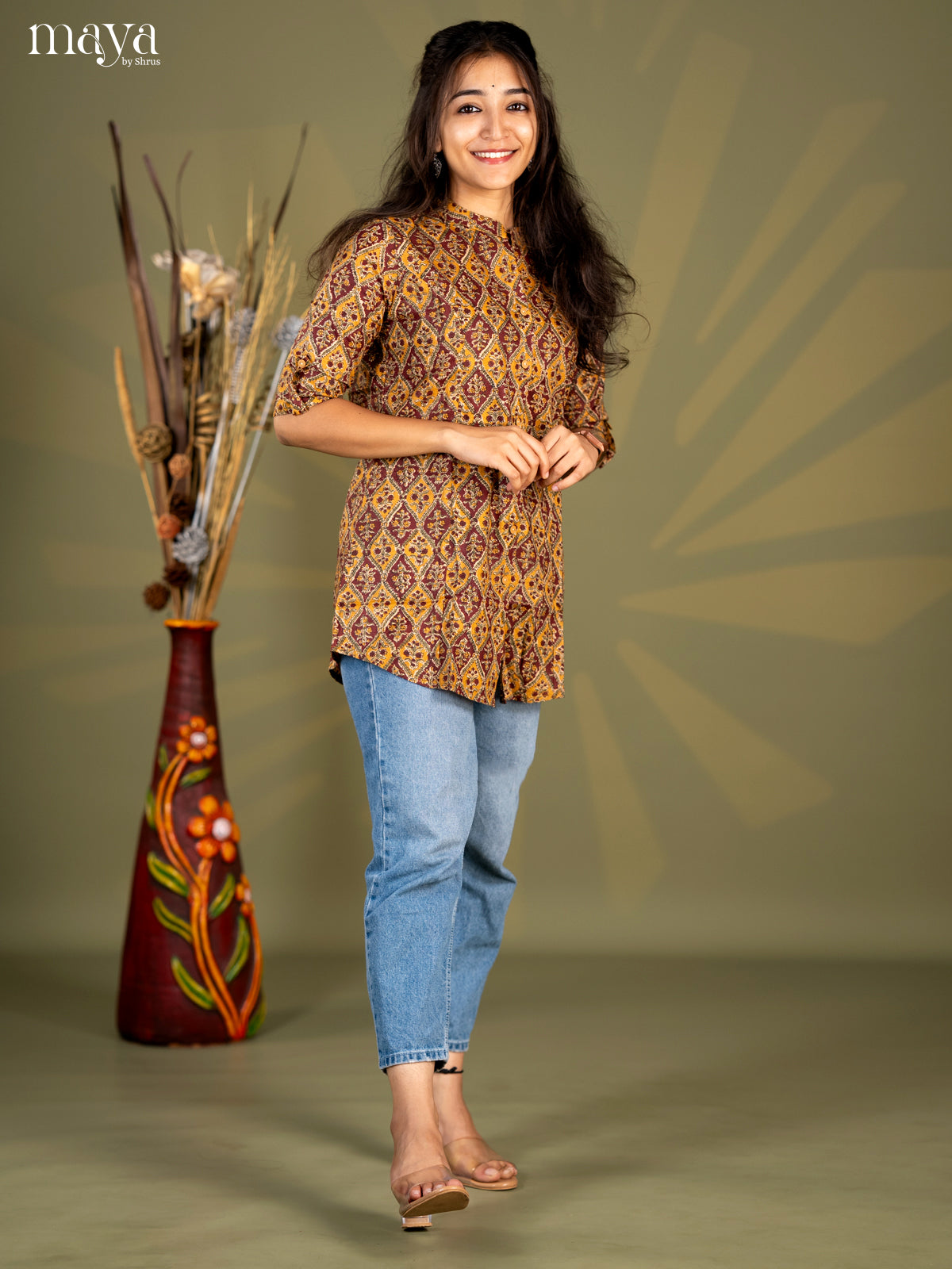 Mustard with Maroon Floral Print Cotton A - Line Short Kurta