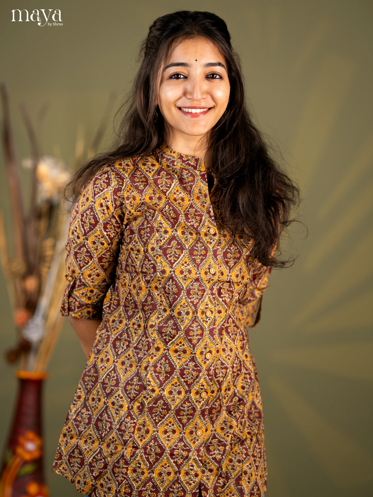 Mustard with Maroon Floral Print Cotton A - Line Short Kurta