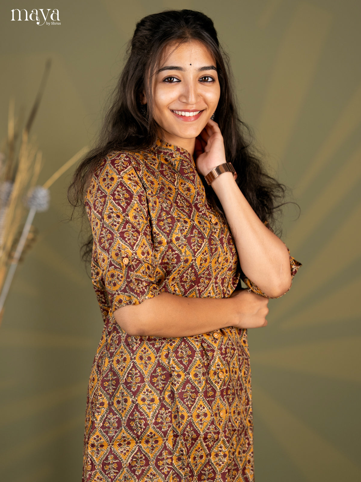 Mustard with Maroon Floral Print Cotton A - Line Short Kurta