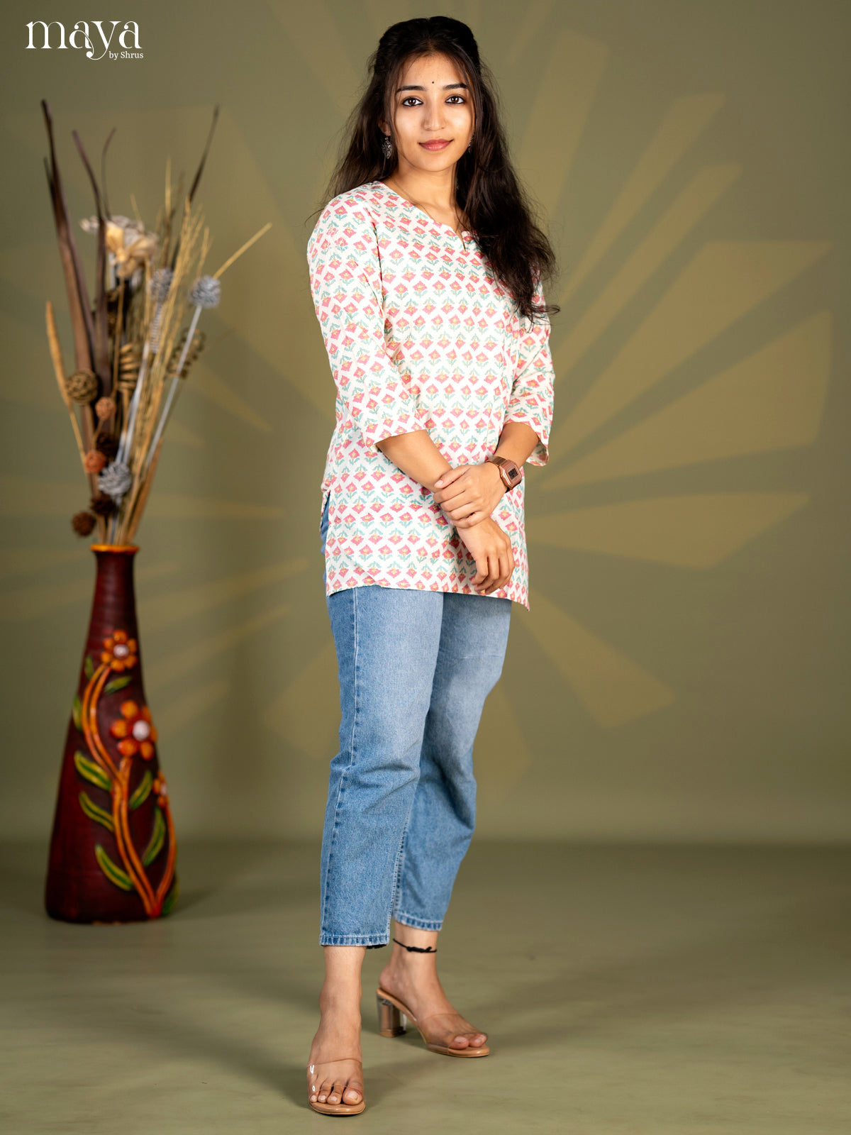 Cream with Pink Floral Printed Cotton Straight Short Kurta