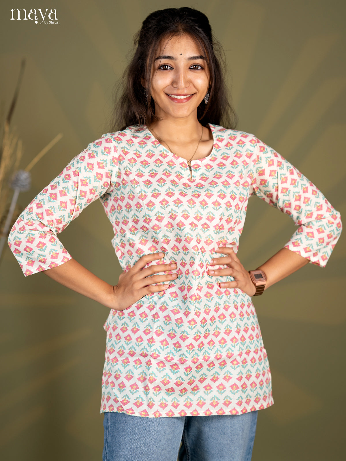 Cream with Pink Floral Printed Cotton Straight Short Kurta