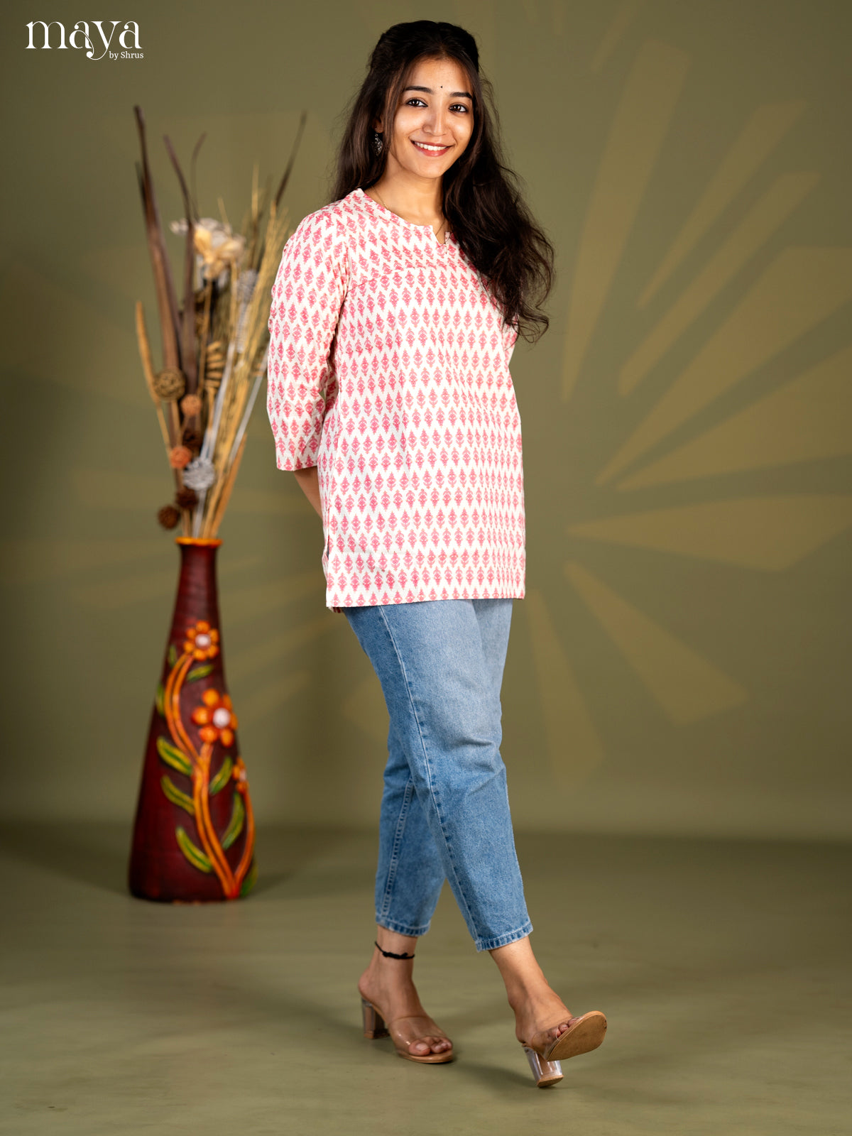 Cream with Pink Floral Printed Cotton Straight Short Kurta