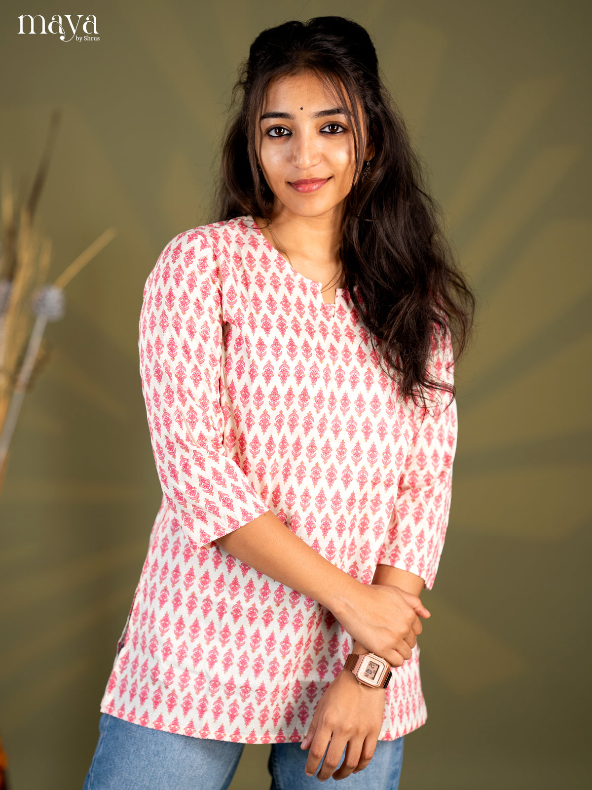 Cream with Pink Floral Printed Cotton Straight Short Kurta