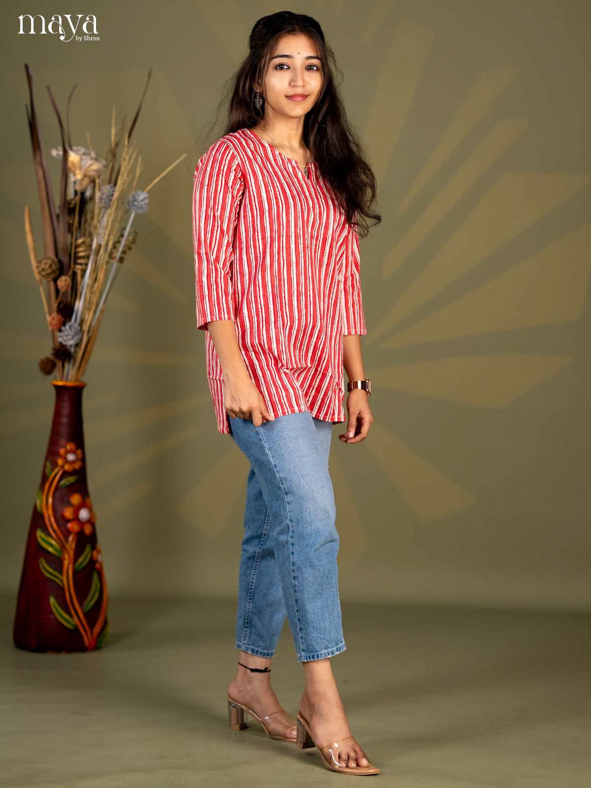 Red with Peach pink Stripe Printed Cotton Straight Short Kurta