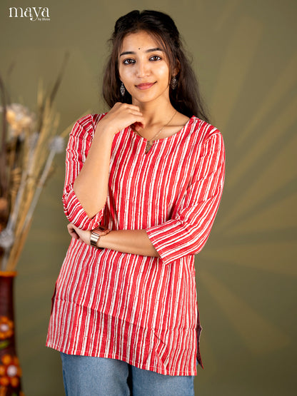 Red with Peach pink Stripe Printed Cotton Straight Short Kurta