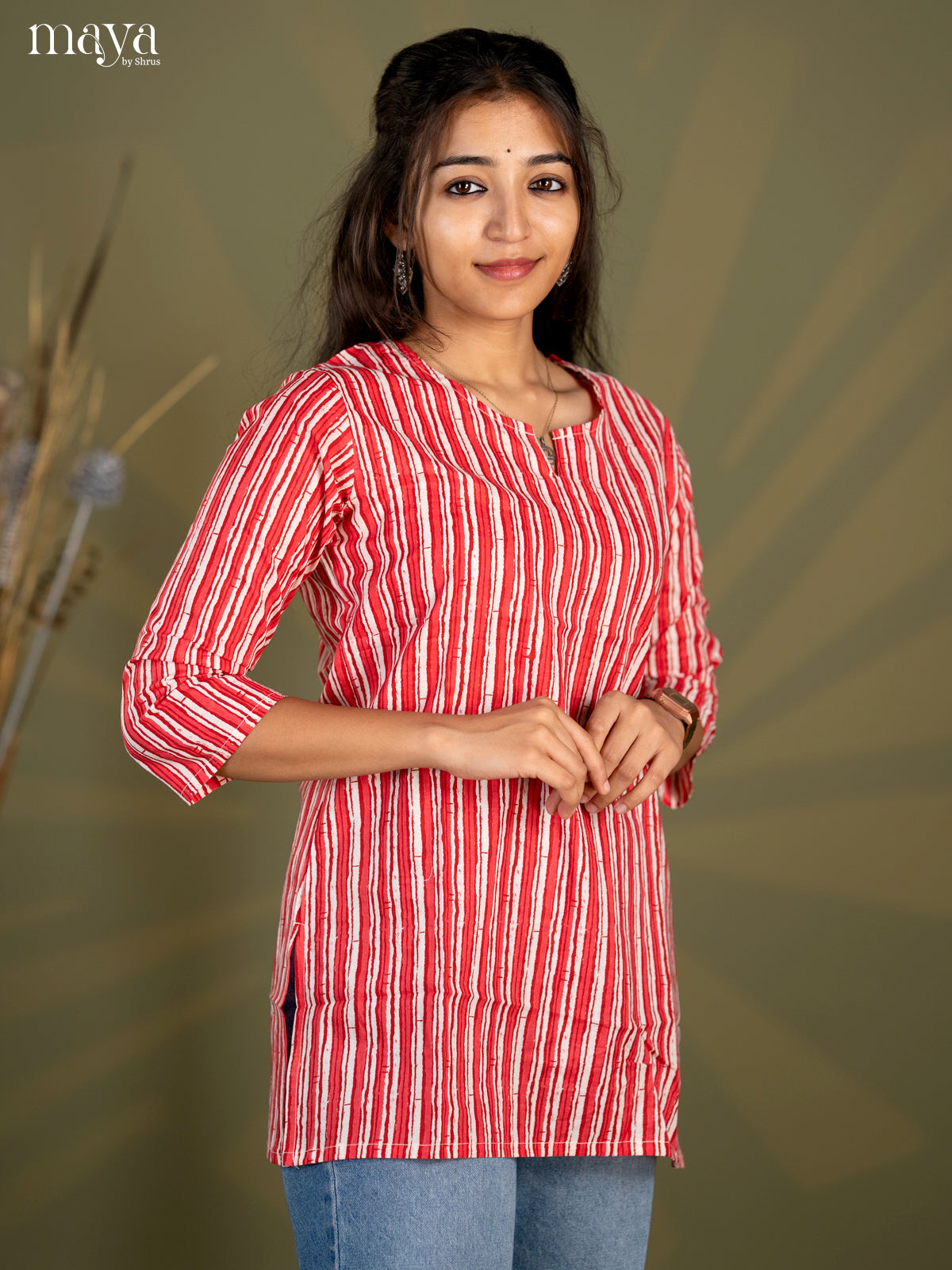 Red with Peach pink Stripe Printed Cotton Straight Short Kurta