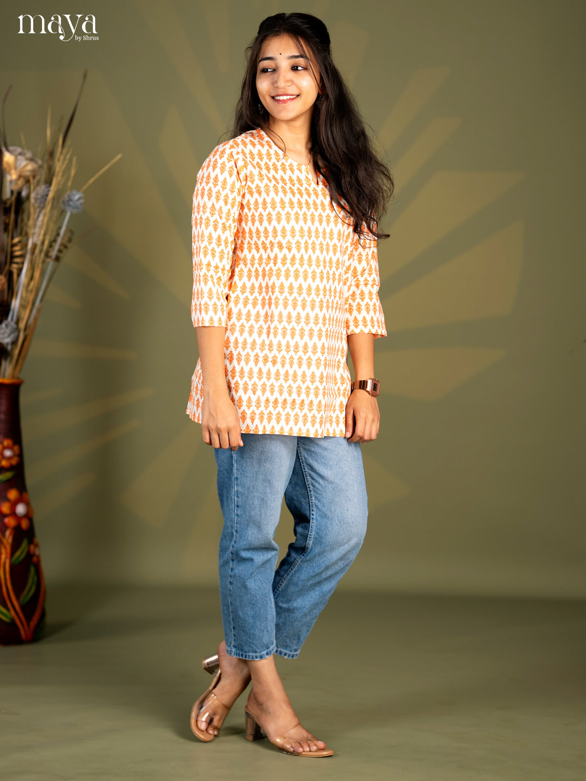 Cream with Orange Floral Printed Cotton Straight Short Kurta