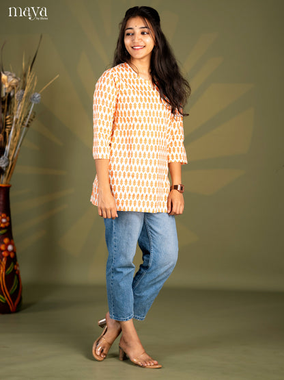 Cream with Orange Floral Printed Cotton Straight Short Kurta