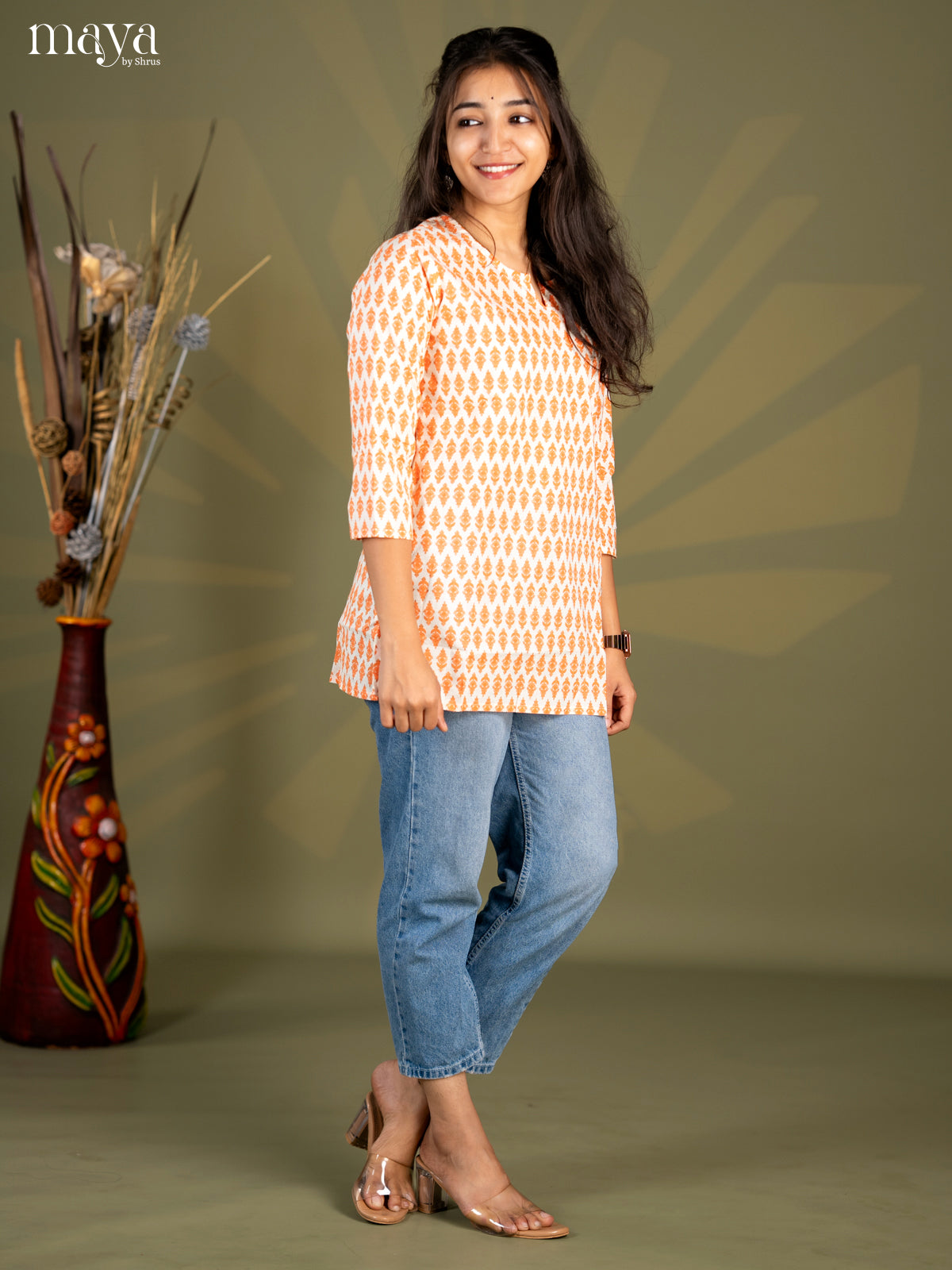 Cream with Orange Floral Printed Cotton Straight Short Kurta
