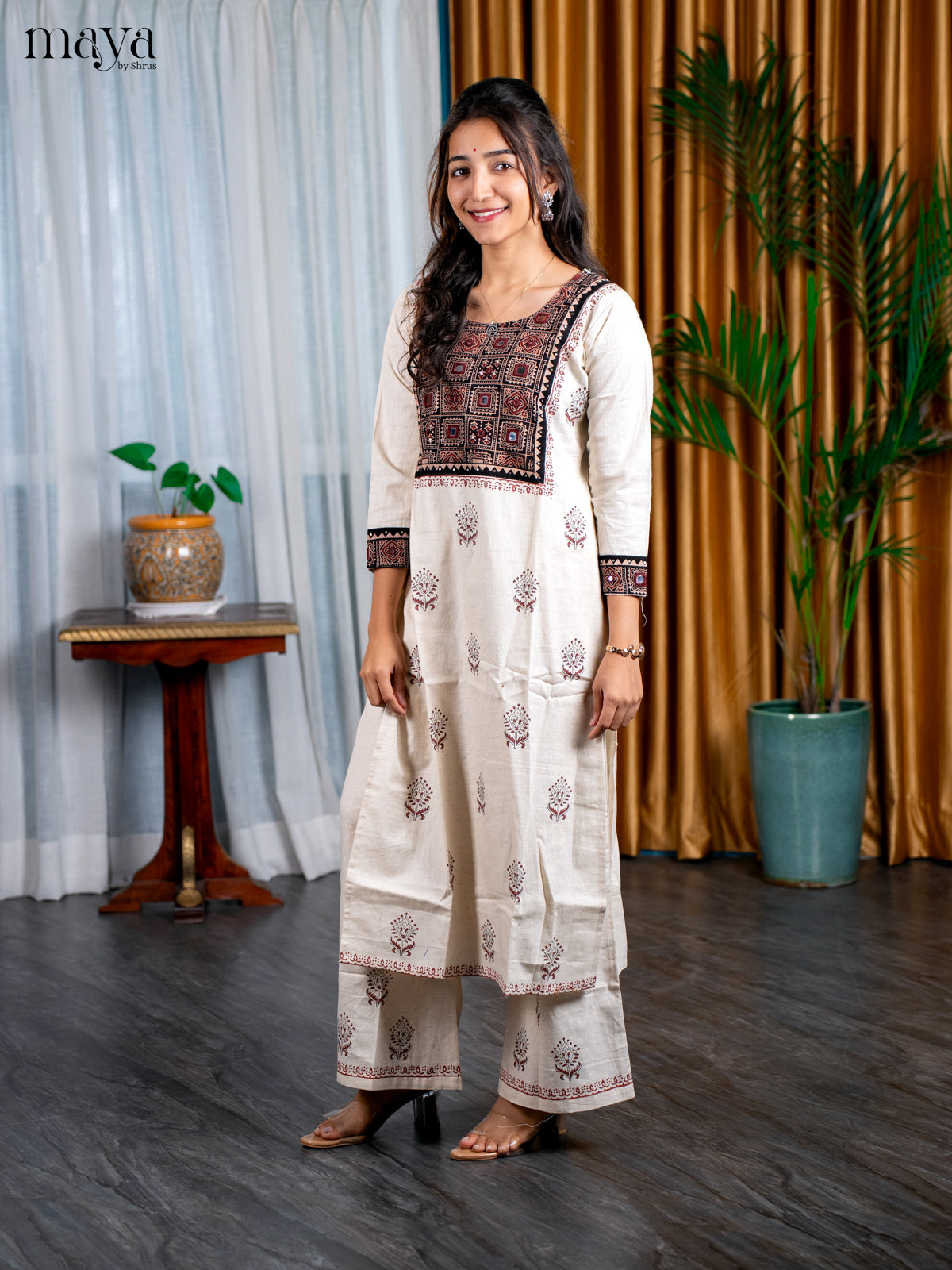 Cream Cotton 2pc Ajrakh Print with MIrror work Salwar Suit - Top & Bottom