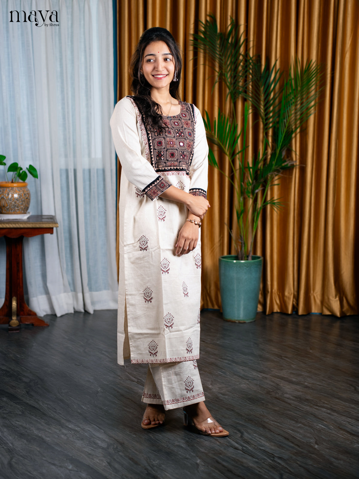 Cream Cotton 2pc Ajrakh Print with MIrror work Salwar Suit - Top & Bottom