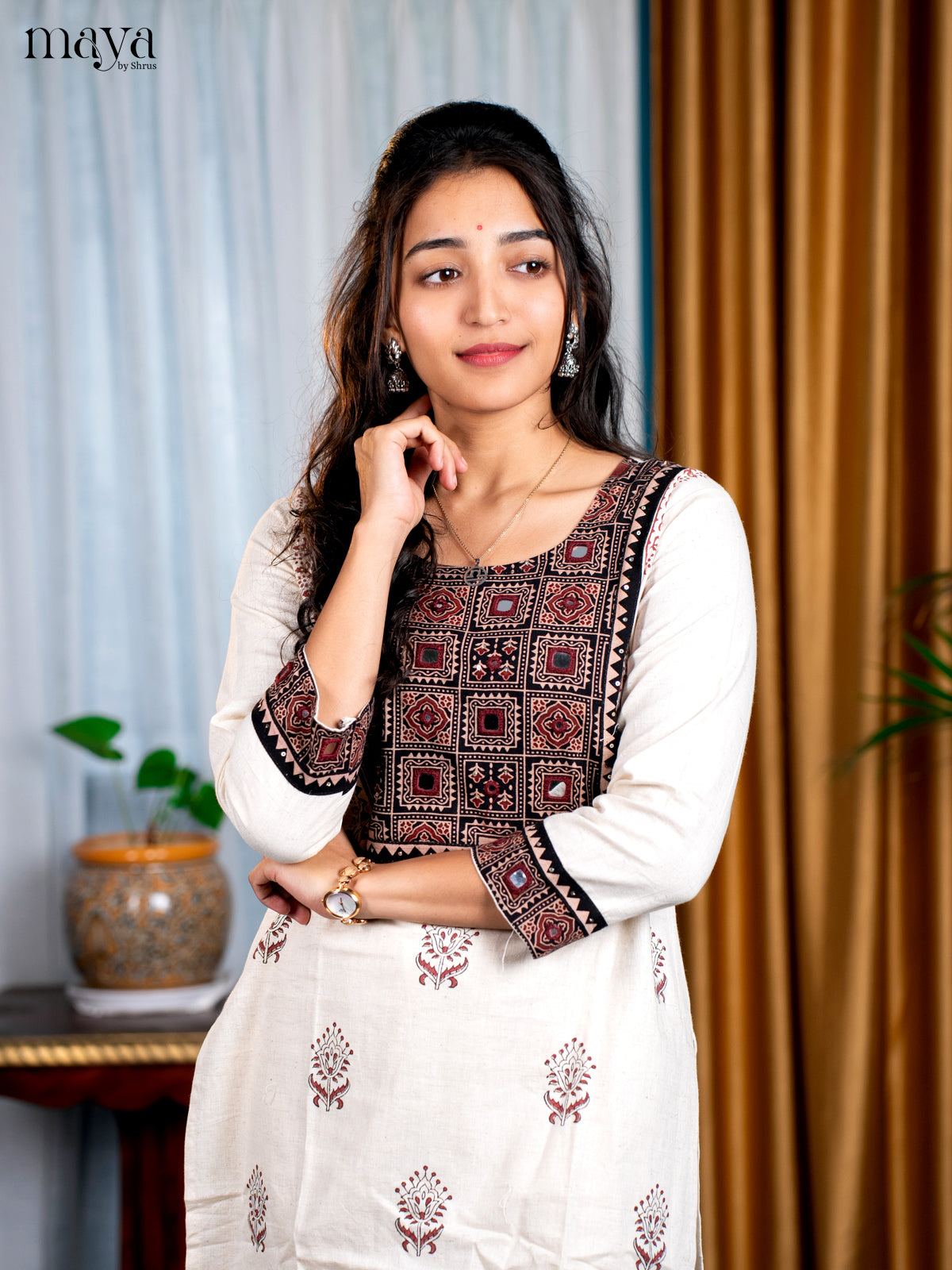 Cream Cotton 2pc Ajrakh Print with MIrror work Salwar Suit - Top & Bottom