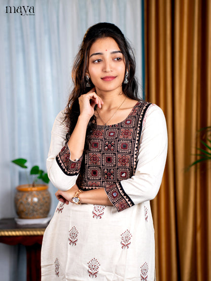 Cream Cotton 2pc Ajrakh Print with MIrror work Salwar Suit - Top & Bottom