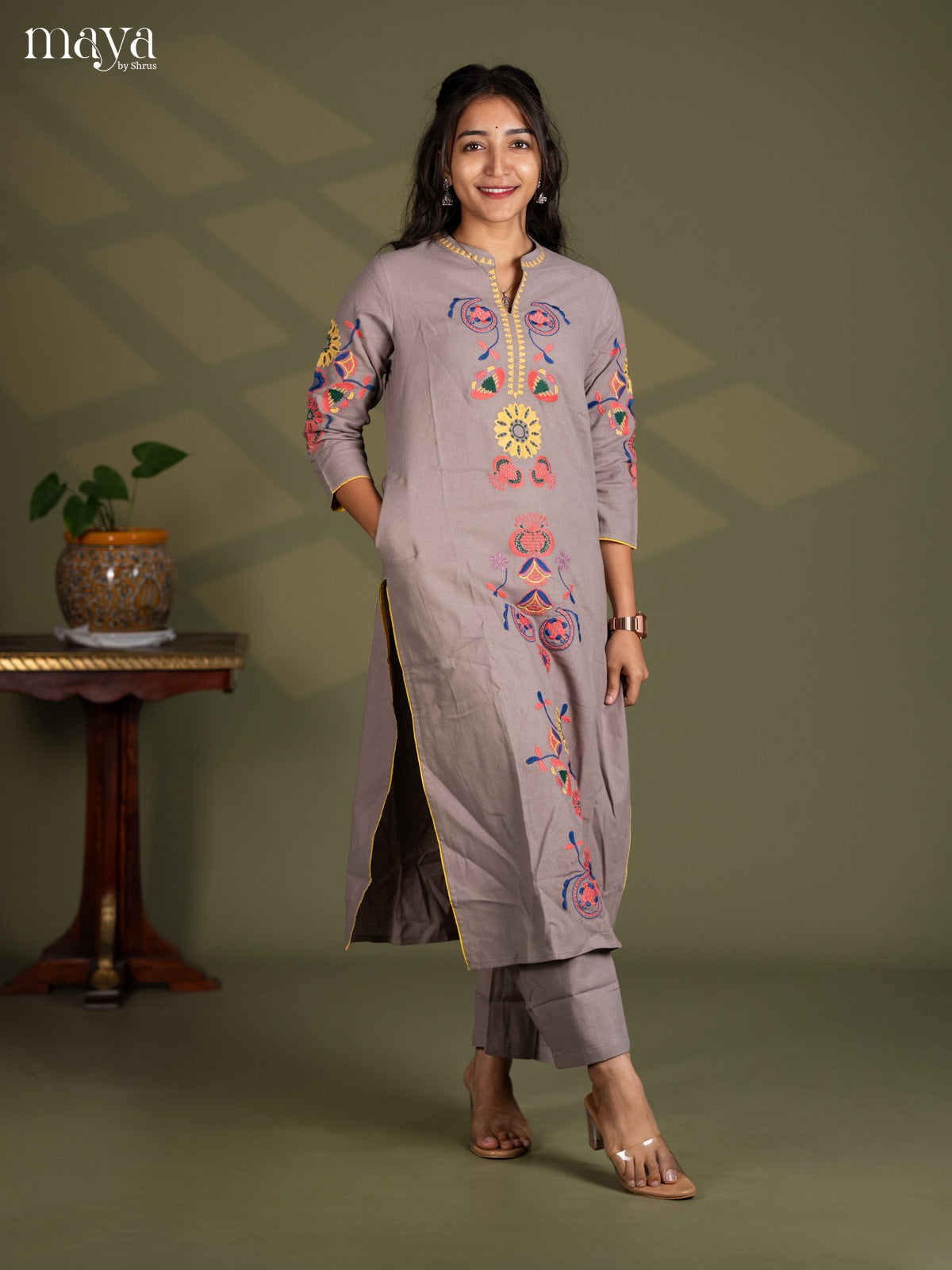 Grey Cotton 2pc Embroidered Salwar suit - Top & Bottom