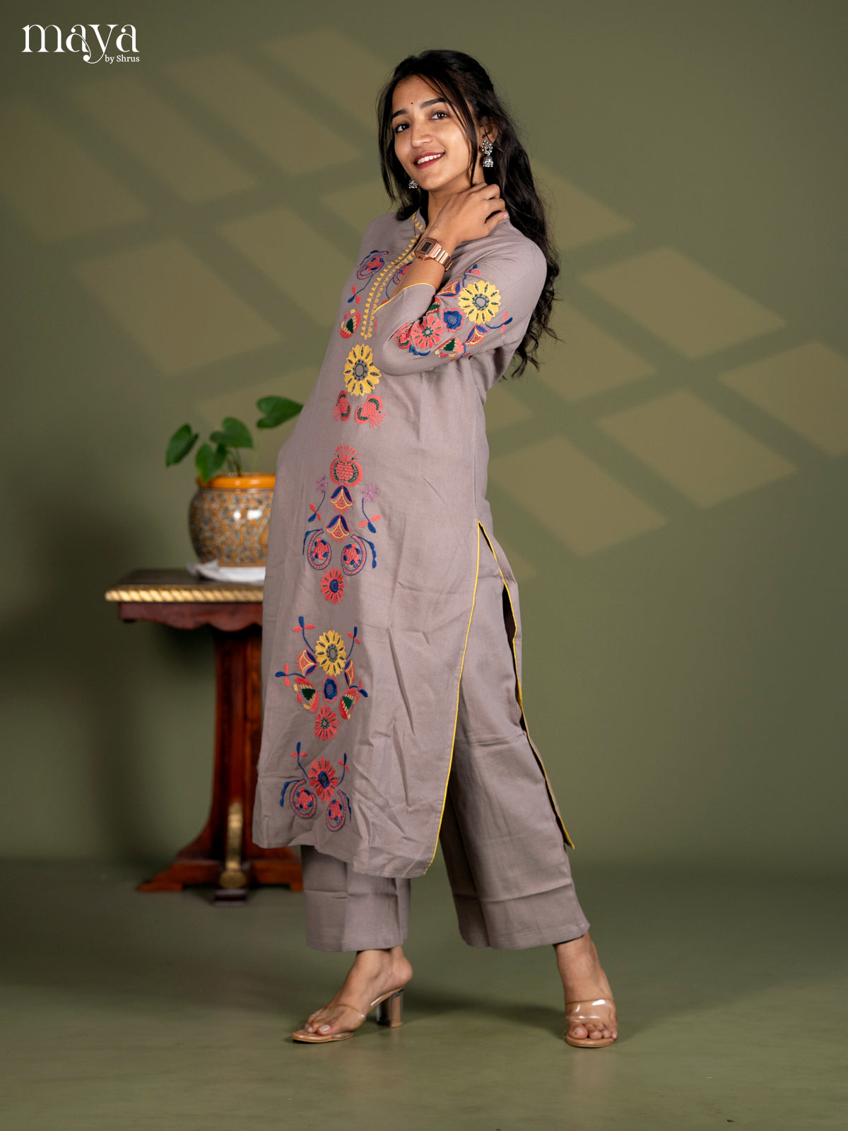 Grey Cotton 2pc Embroidered Salwar suit - Top & Bottom