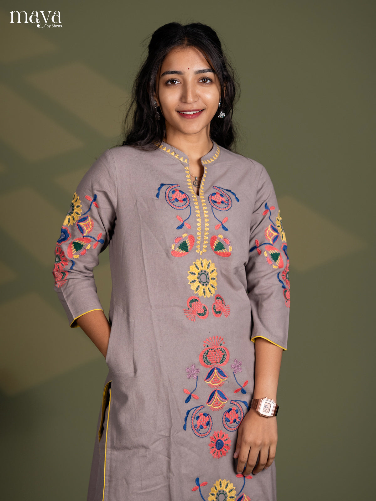 Grey Cotton 2pc Embroidered Salwar suit - Top & Bottom