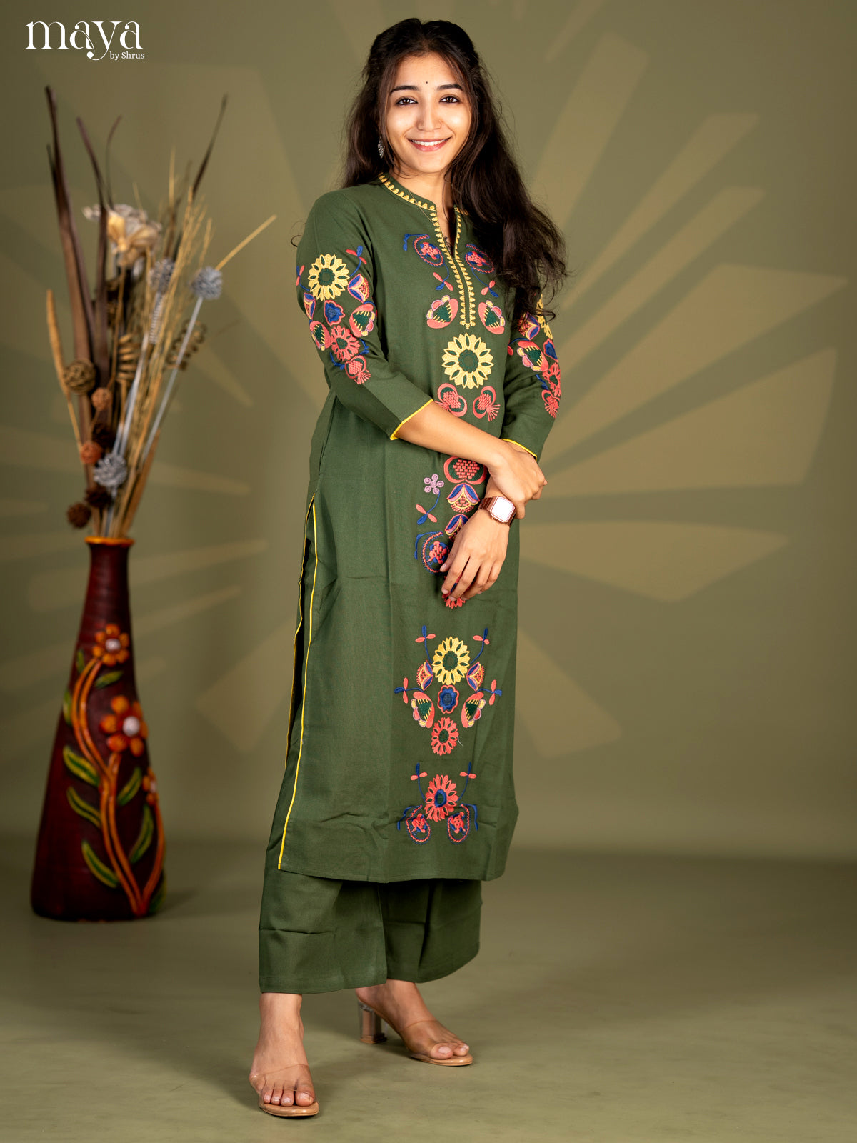 Olive green Cotton 2pc Embroidered salwar Suit - Top & Bottom