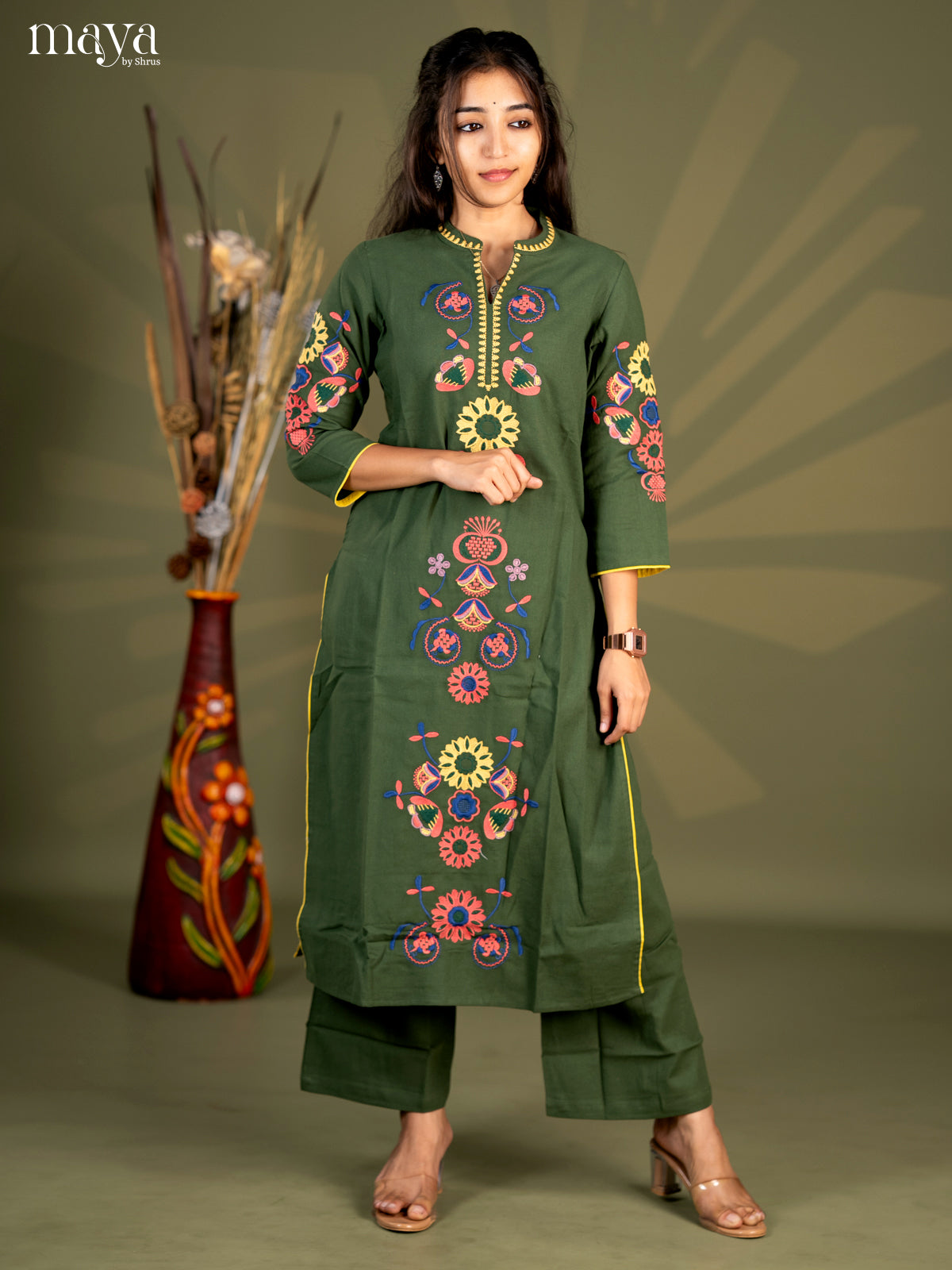 Olive green Cotton 2pc Embroidered salwar Suit - Top & Bottom