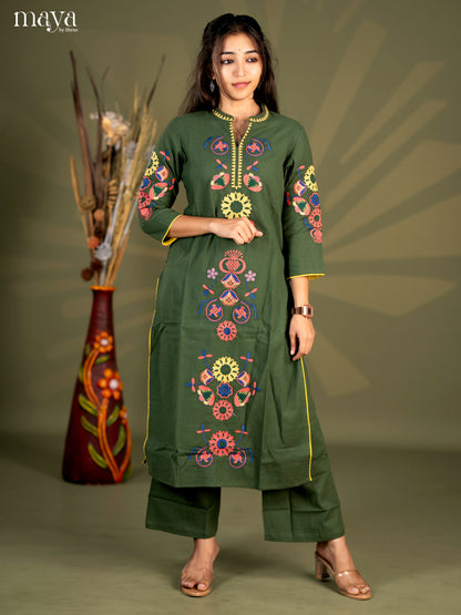 Olive green Cotton 2pc Embroidered salwar Suit - Top & Bottom