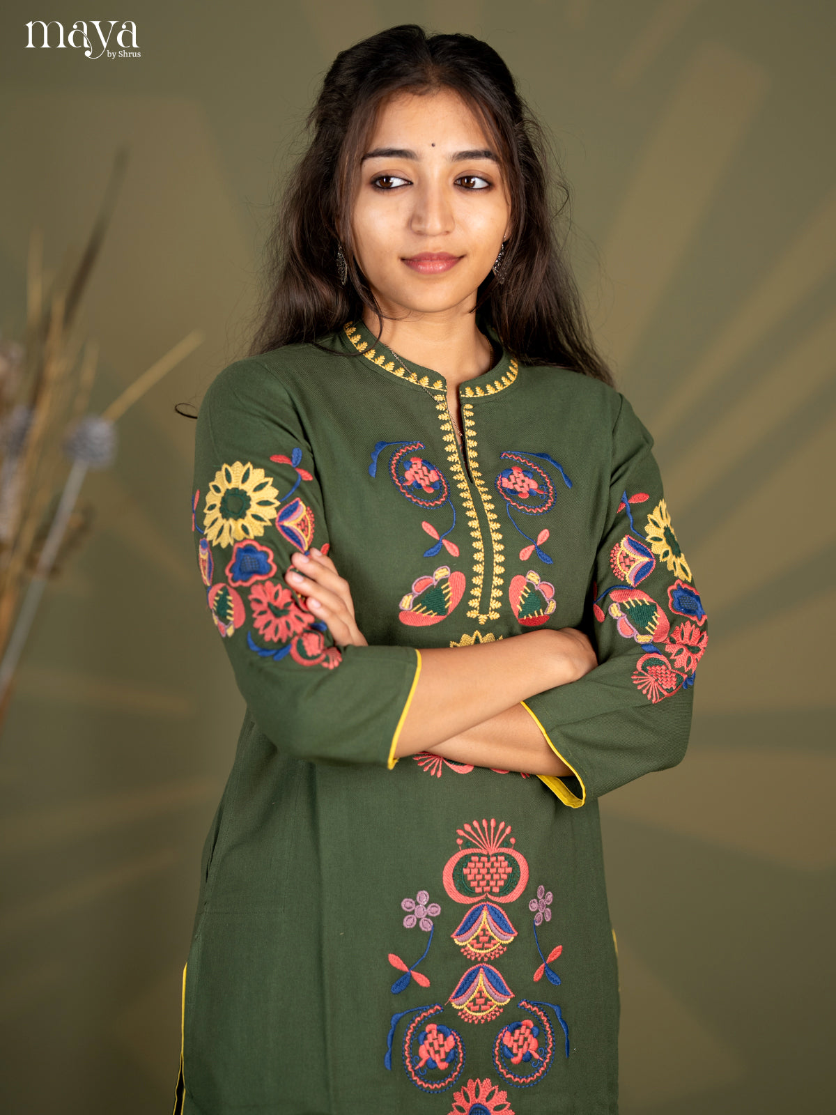 Olive green Cotton 2pc Embroidered salwar Suit - Top & Bottom