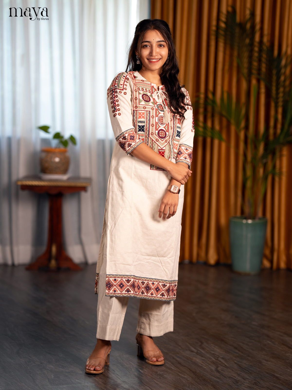 Off - White Cotton 2pc Embroidered Salwar Suit - Top & Bottom