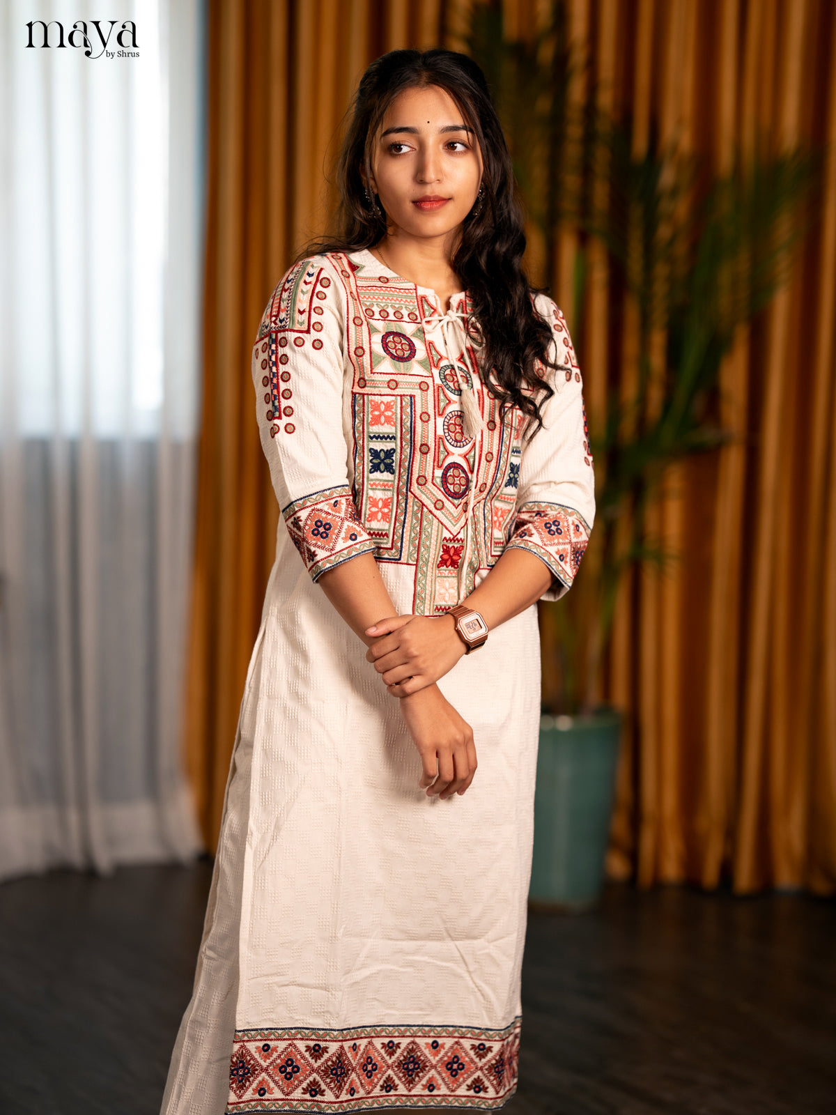 Off - White Cotton 2pc Embroidered Salwar Suit - Top & Bottom