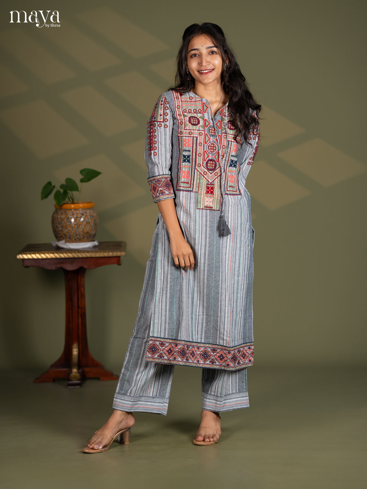 Grey Cotton 2pc Embroidered Salwar suit - Top & Bottom