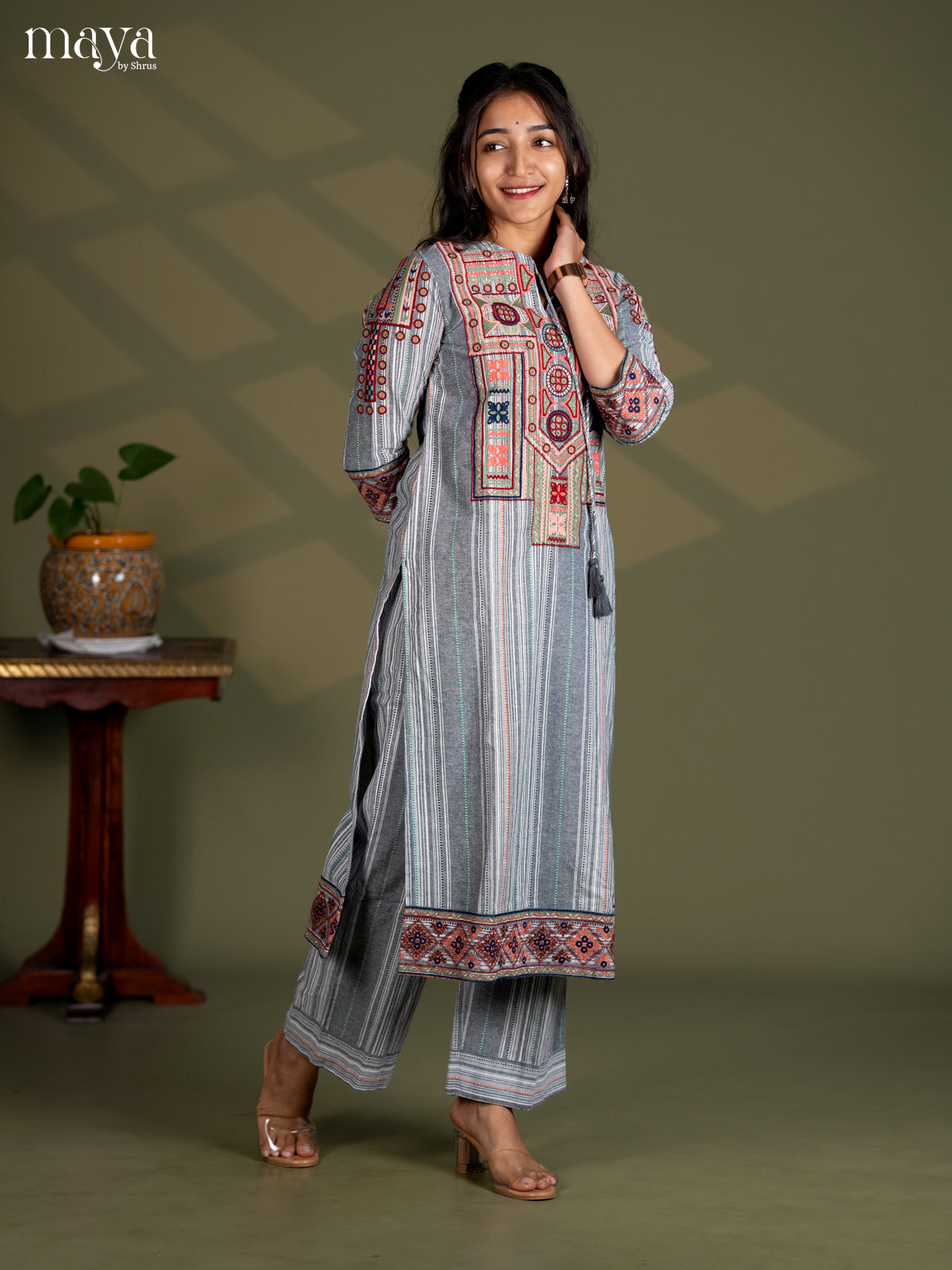 Grey Cotton 2pc Embroidered Salwar suit - Top & Bottom