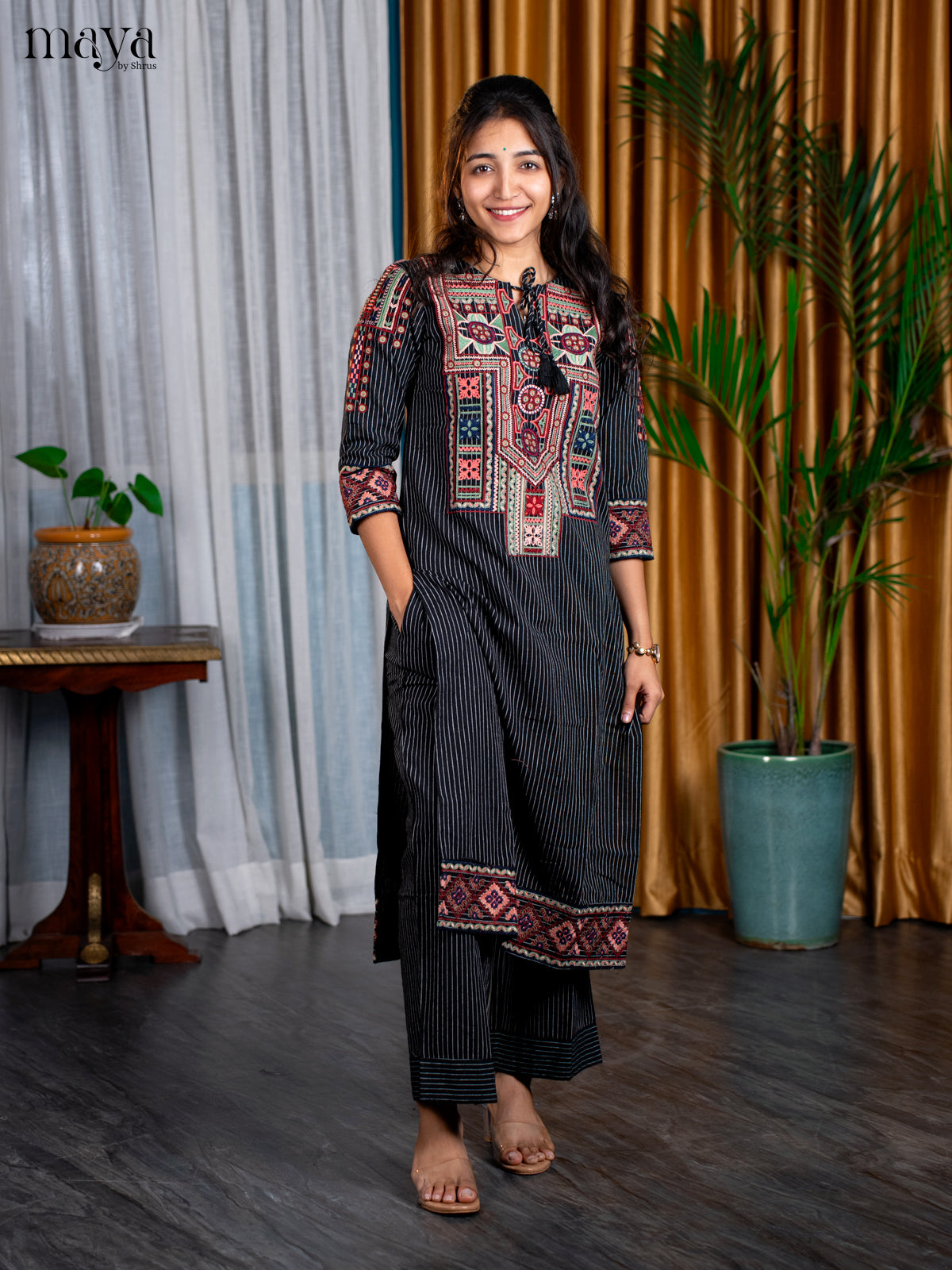 Black Cotton 2pc Embroidered Salwar Suit - Top & Bottom