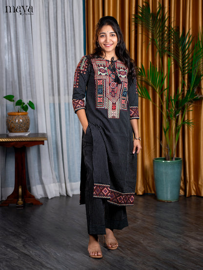 Black Cotton 2pc Embroidered Salwar Suit - Top & Bottom