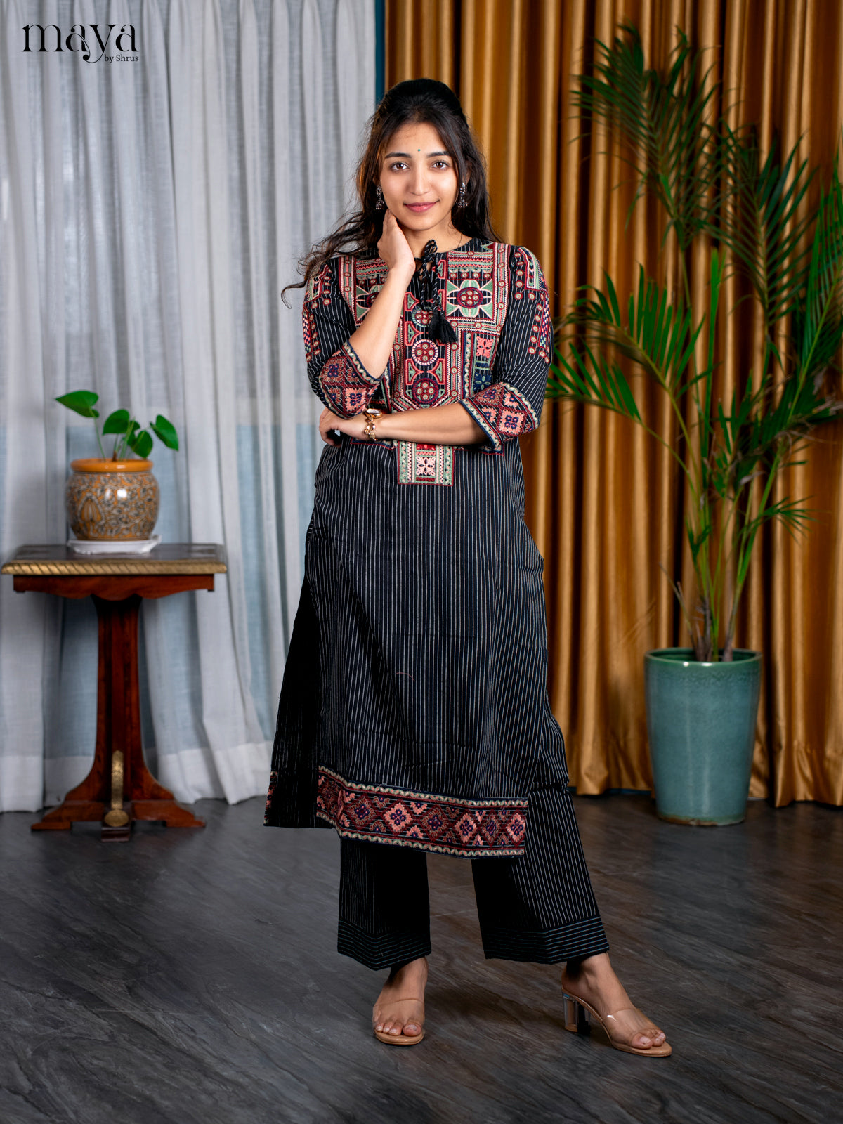 Black Cotton 2pc Embroidered Salwar Suit - Top & Bottom