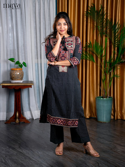 Black Cotton 2pc Embroidered Salwar Suit - Top & Bottom